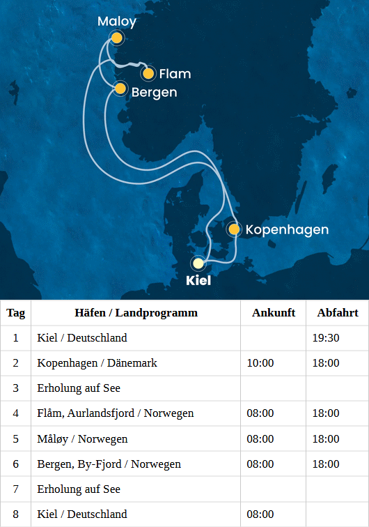 Norwegen bis Kiel, Costa Diadema vom 07.05.2027 bis 14.05.2027, Costa Diadema - Nordeuropa und Fjorde: Norwegen und D&auml;nemark