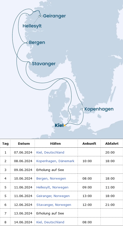 Norwegen ab Kiel mit Costa Diadema 07.06.2024 bis 14.06.2024