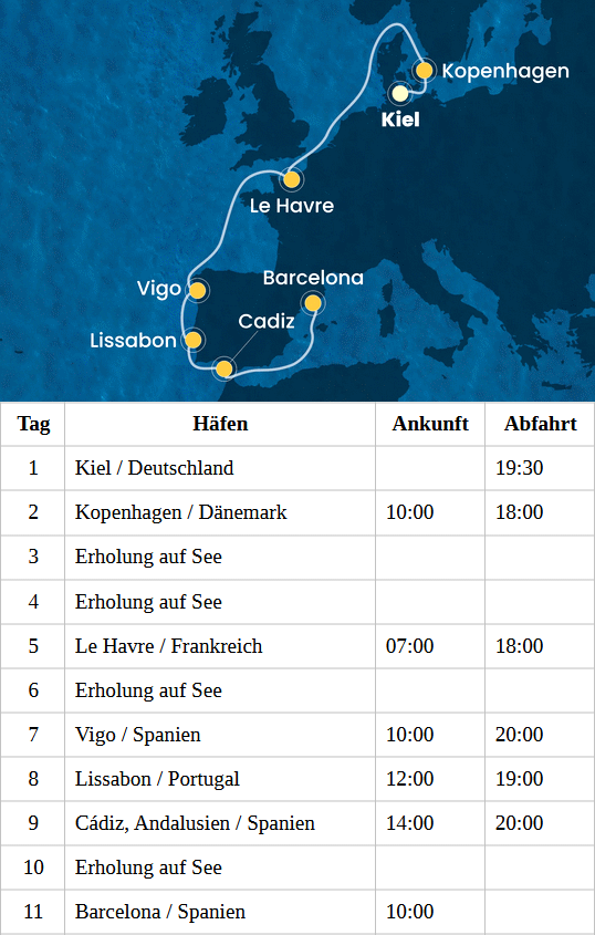 Costa Diadema vom 10.09.2027 bis 20.09.2027, Costa Diadema - Westeuropa ab Kiel bis Barcelona