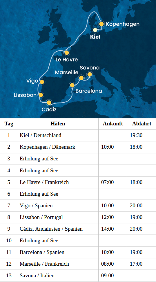 Costa Diadema vom 10.09.2027 bis 22.09.2027, Costa Diadema - Westeuropa ab Kiel bis Savona