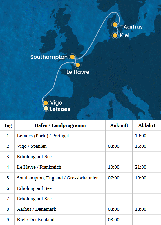 Westeuropa bis Kiel, Costa Diadema vom 22.04.2027 bis 30.04.2027, Costa Diadema - Westeuropa ab Leixoes bis Kiel: Ozean Kreuzfahrten