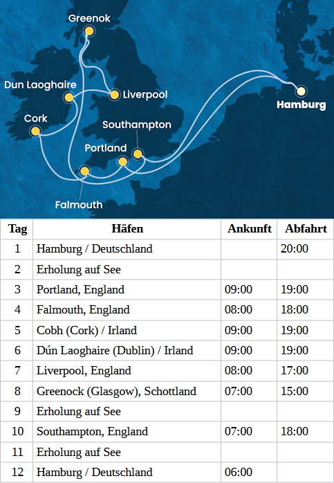 Costa Favolosa - Gro&szlig;britannien und Irland ab Hamburg, Costa Favolosa vom 25.08.2027 bis 05.09.2027