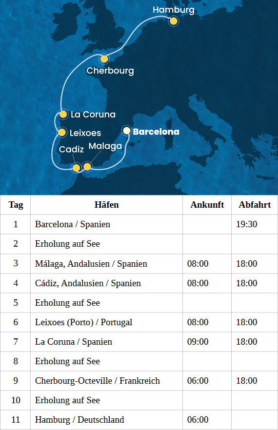 Costa Favolosa - Westeuropa ab Barcelona bis Hamburg, Costa Favolosa vom 19.05.2027 bis 29.05.2027