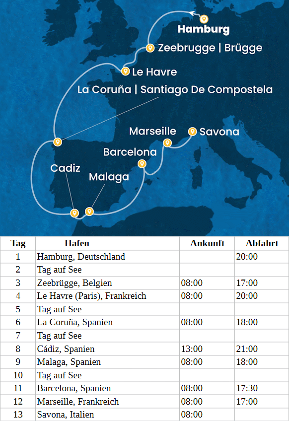 Costa Favolosa - Westeuropa ab Hamburg bis Savona, Costa Favolosa vom 19.09.2027 bis 01.10.2027