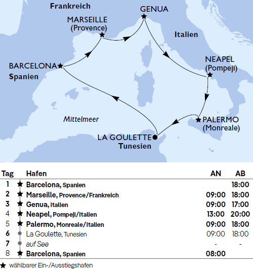 MSC Euribia - Mittelmeer ab Barcelona, MSC Euribia ab/bis Barcelona im Winter 2026/2027