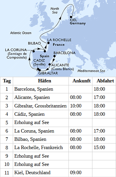 Westeuropa ab Barcelona bis Kiel, MSC Euribia vom 14.04.2027 bis 24.04.2027
