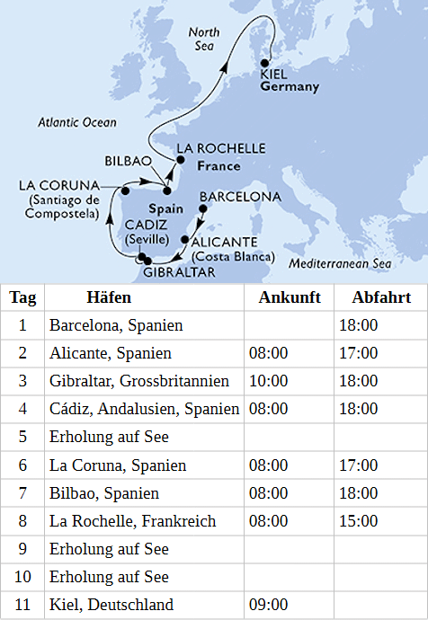 Westeuropa ab Barcelona bis Kiel, MSC Euribia vom 26.04.2028 bis 06.05.2028