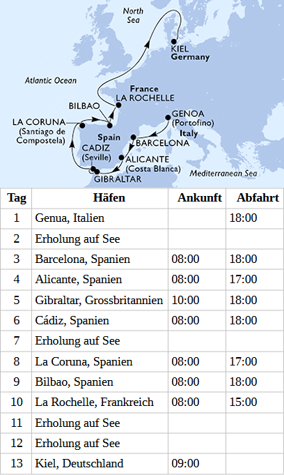 Westeuropa ab Genua bis Kiel, MSC Euribia vom 12.04.2027 bis 24.04.2027
