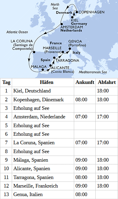 Westeuropa ab Kiel bis Genua, MSC Euribia vom 09.10.2027 bis 21.10.2027