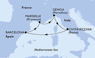 Mittelmeer ab/bis Barcelona, MSC Fantasia am 11.04.2026 und 16.04.2026