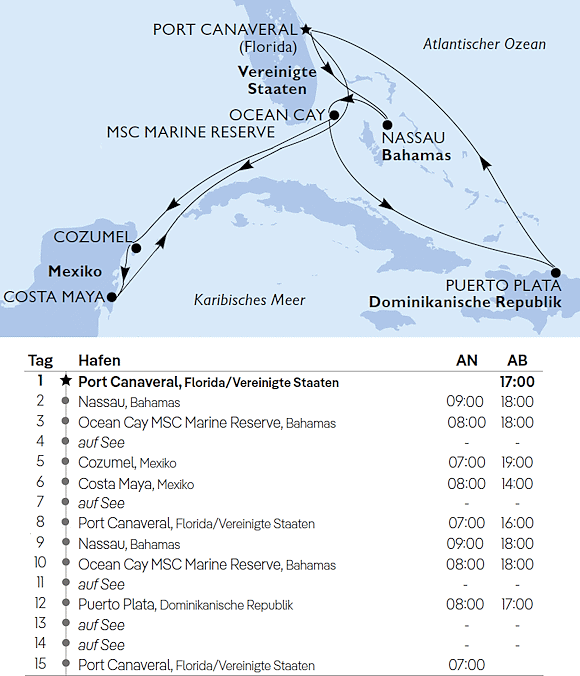 Karibik ab Port Canaveral mit MSC Grandiosa am von November 2026 bis Oktober 2027