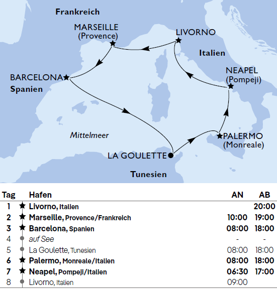 Mittelmeer ab Livorno mit der MSC Grandiosa von April bis Oktober 2024