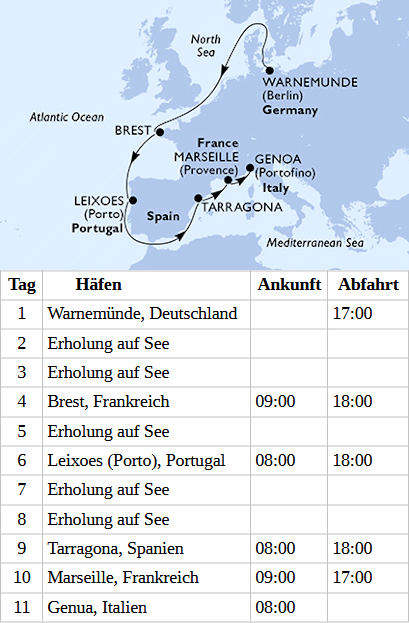 MSC Magnifica vom 10.10.2027 bis 20.10.2027, MSC Magnifica - Westeuropa ab Warnem&uuml;nde bis Genua