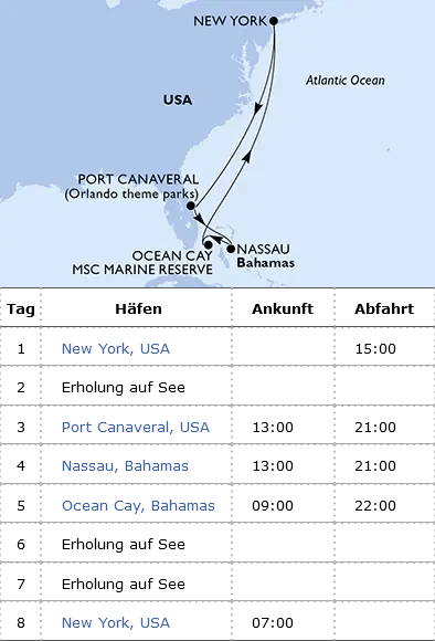 Florida und Bahamas mit der MSC Meraviglia von Oktober 2024 bis April 2025, MSC Meraviglia ab New York