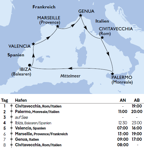 Mittelmeer - 7 N&auml;chte mit MSC Musica vom 21. April bis 20. Oktober 2027, MSC Musica Kreuzfahrten ab/bis Civitavecchia bei Rom