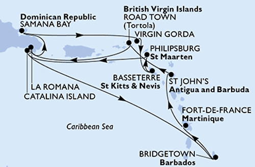 Karibik ab La Romana mit Antigua, MSC Opera am 21.12.2026, 28.12.2026, 04.01.2027, 11.01.2027, 18.01.2027, 25.01.2027, 15.02.2027, 22.02.2027, 01.03.2027 und 08.03.2027