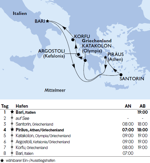 Mittelmeer ab Bari mit Santorin, MSC Orchestra vom 24.04. 2027 bis 02.10.2027 je 7 Tage