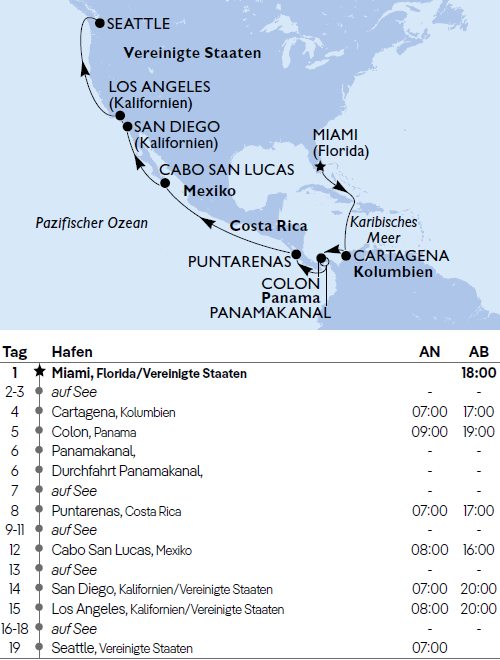 Panamakanal ab Miami bis Seattle, MSC Poesia vom 23.04.2026 bis 11.05.2026
