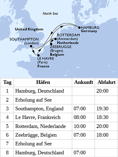 &Auml;rmelkanal ab Hamburg, MSC Preziosa vom 22.10.2027 bis 29.10.2027