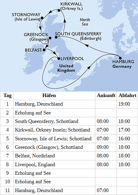 Gro&szlig;britannien ab Hamburg, MSC Preziosa vom 10.09.2028 bis 20.09.2028