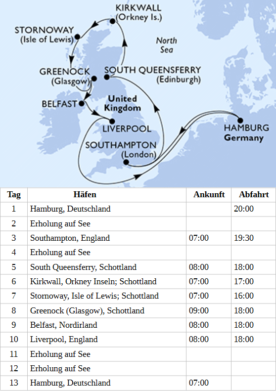 Gro&szlig;britannien ab Hamburg, MSC Preziosa vom 21.04.2028 bis 03.05.2028
