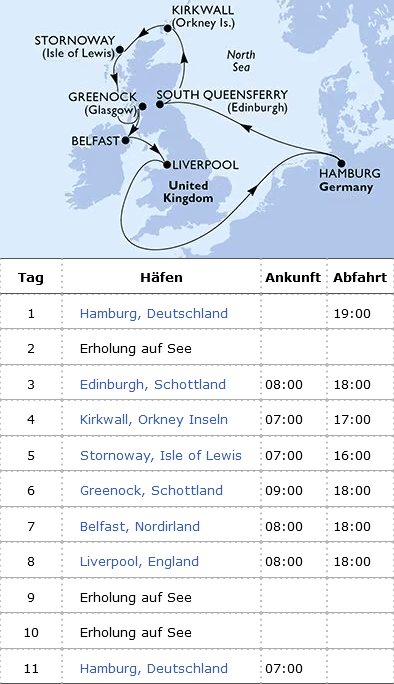 Gro&szlig;britannien ab Hamburg, MSC Preziosa vom 25.04.2027 bis 05.05.2027