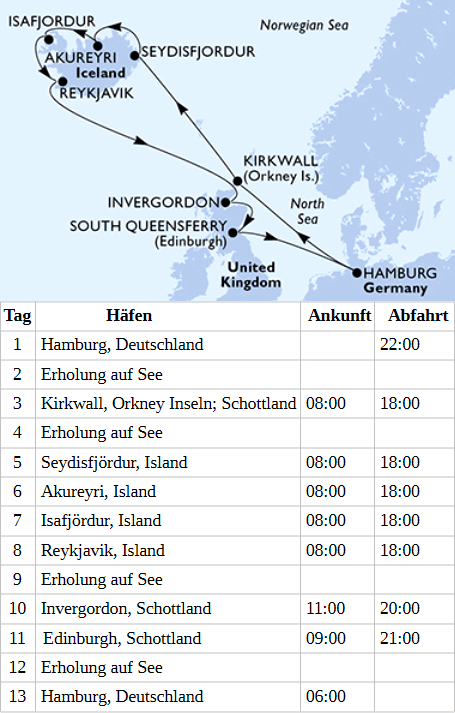 Island & Schottland ab Hamburg, MSC Preziosa vom 23.07.2028 bis 04.08.2028