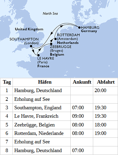 Metropolen am &Auml;rmelkanal mit MSC Preziosa von November 2027 bis April 2028, MSC Preziosa ab und bis Hamburg