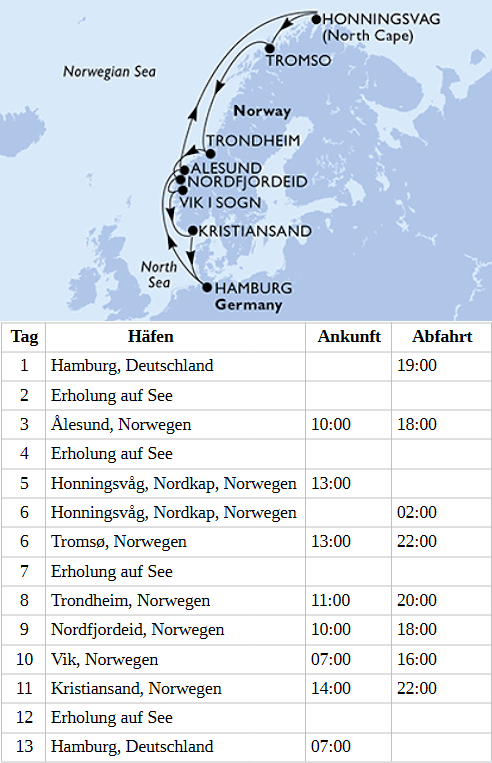 Norwegen mit Nordkap ab Hamburg, MSC Preziosa vom 29.08.2028 bis 10.09.2028