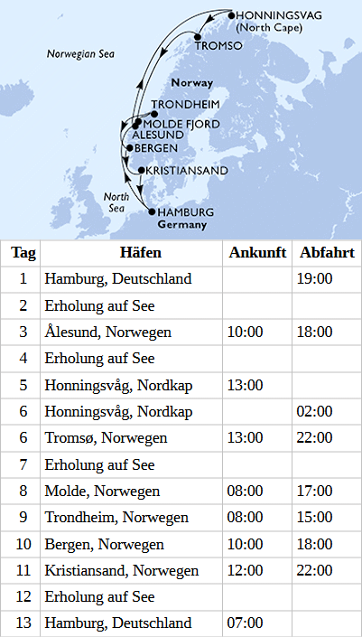 Norwegen mit Nordkap ab Hamburg, MSC Preziosa vom 31.08.2027 bis 12.09.2027
