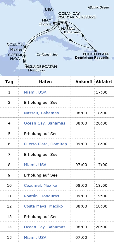 MSC Seaside vom 19.12.2025 bis 02.01.2026, Kreuzfahrt der MSC Seaside ab/bis Miami