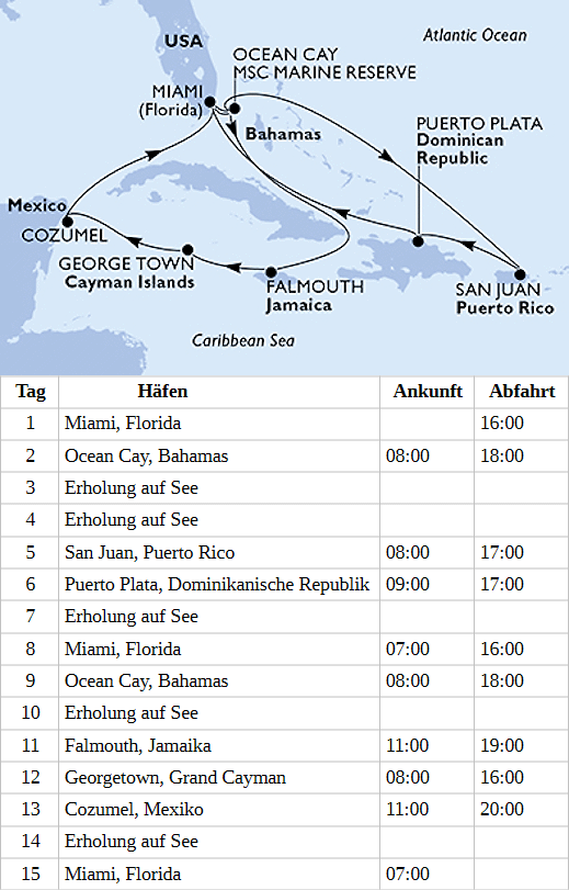 MSC Seaside vom 21.12.2026 bis 04.01.2027, Kreuzfahrt der MSC Seaside ab/bis Miami
