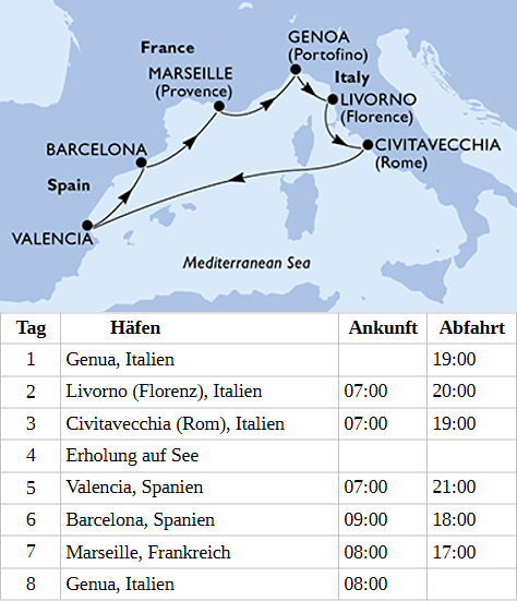 Mittelmeer ab Genua, MSC Sinfonia von November 2026 bis M&auml;rz 2027