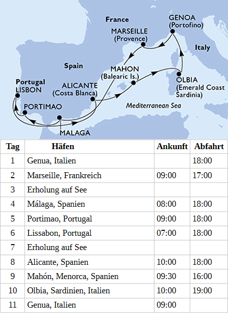 Mittelmeer und Portugal ab Genua. MSC Sinfonia 17.06. 2027, 27.06.2027, 06.08.2027 und 25.09.2027