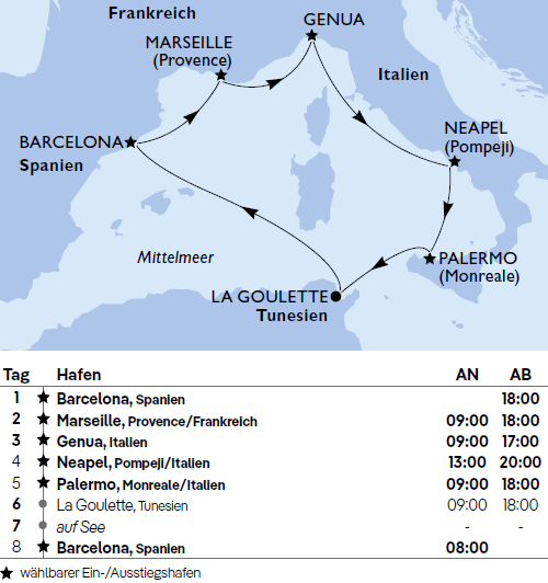 Mittelmeer ab Barcelona, MSC Splendida von November 2025 bis April 2026
