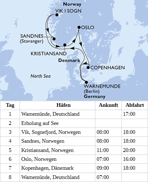Norwegen ab/bis Warnem&uuml;nde, MSC Splendida vom 20.08.2028 bis 27.08.2028