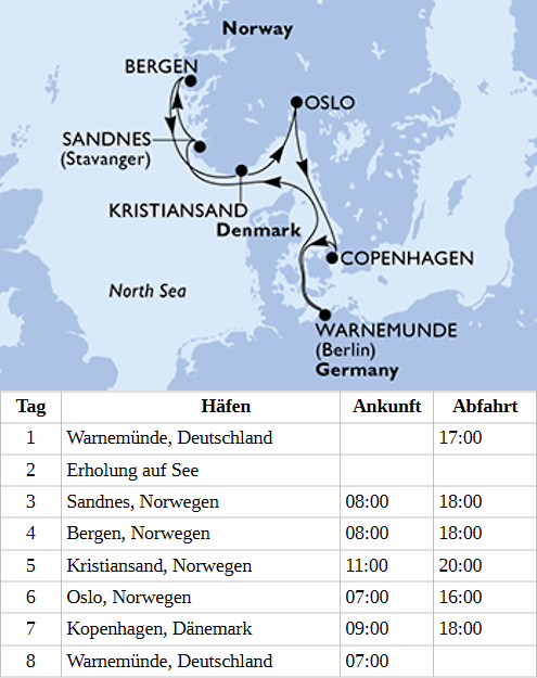 Norwegen ab/bis Warnem&uuml;nde, MSC Splendida am 28.05.2028 & 03.09.2028