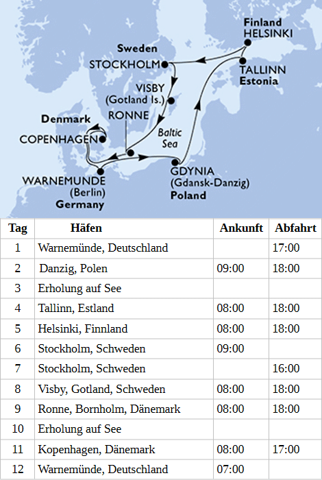 Ostsee ab/bis Warnem&uuml;nde. MSC Splendida vom 06.05.2028 bis 17.05.2028