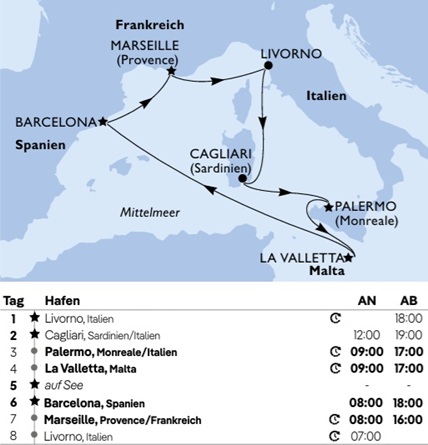 Mittelmeer ab Livorno, MSC Splendida von November 2026 bis April 2026