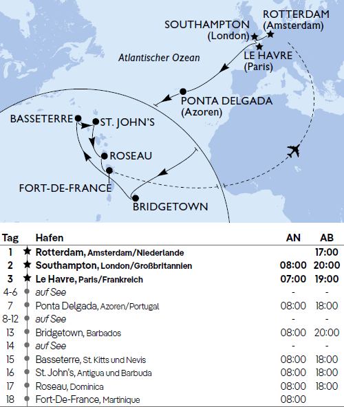 Transatlantik mit MSC Virtuosa vom 19.11.2025 bis 06.12.2025 ab Rotterdam