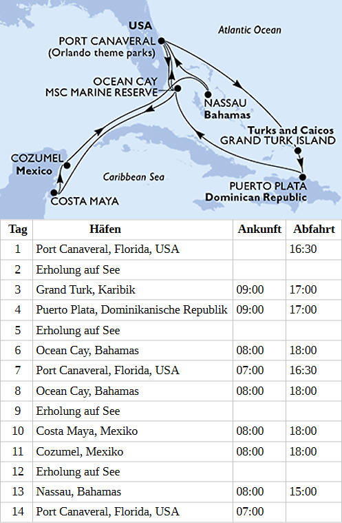 Karibik und Antillen ab Port Canaveral, MSC World Atlantic von 02.01.2028 bis 15.01.2028