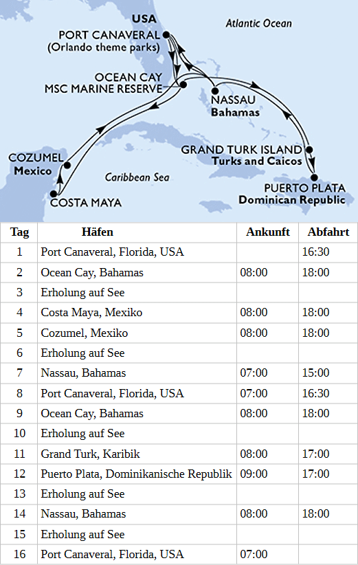 Karibik und Antillen ab Port Canaveral, MSC World Atlantic von 11.12.2027 bis 26.12.2027