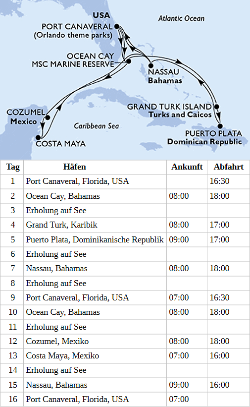 Karibik und Antillen ab Port Canaveral, MSC World Atlantic von 18.12.2027 bis 02.01.2028