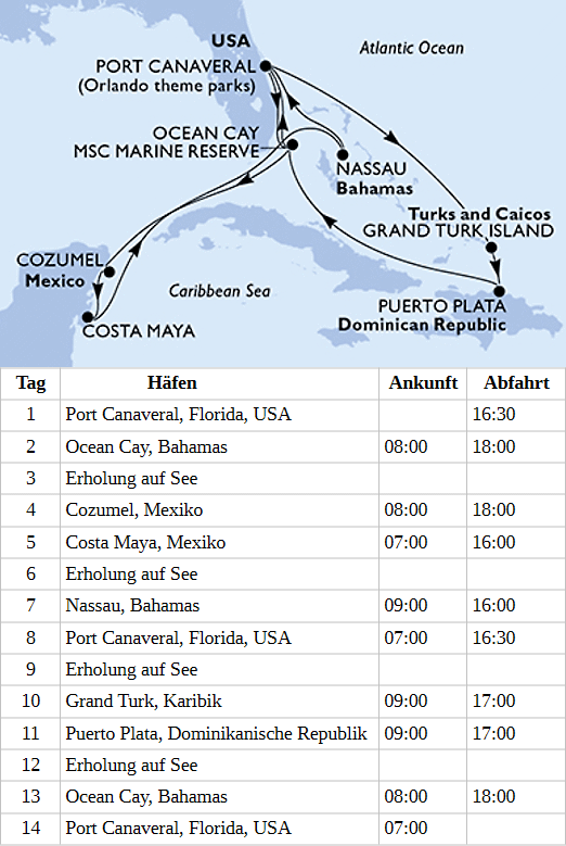 Karibik und Antillen ab Port Canaveral, MSC World Atlantic von 26.12.2027 bis 08.01.2028