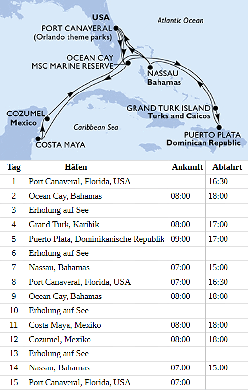 Karibik und Antillen ab Port Canaveral, MSC World Atlantic von Dezember 2027 bis Oktober 2028