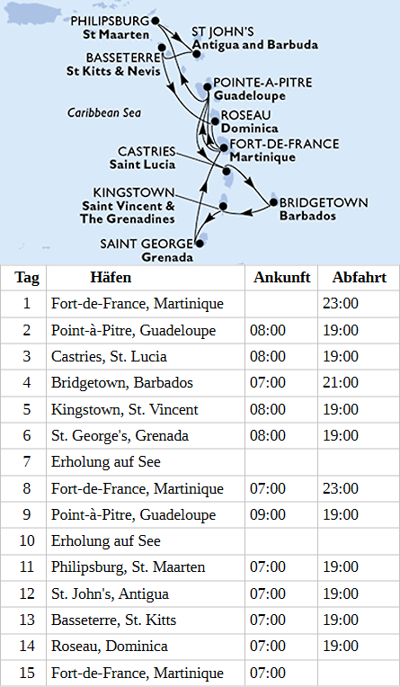 MSC World Europa am 09.01.2027, 23.01.2027, 06.02.2027 und 06.03.2027, MSC World Europa - Karibik und Antillen ab Fort-de-France