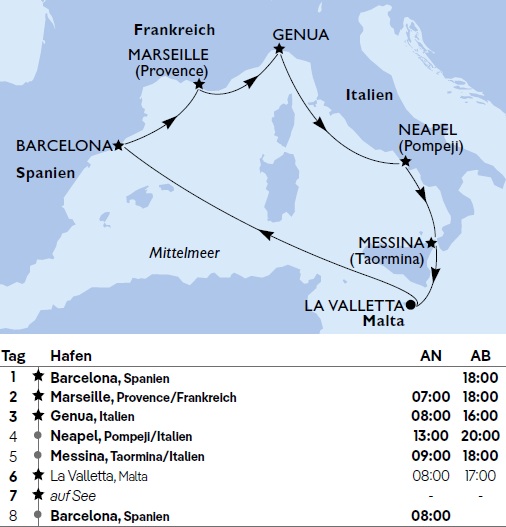 Mittelmeer ab Barcelona, MSC World Europa von April bis Oktober 2026