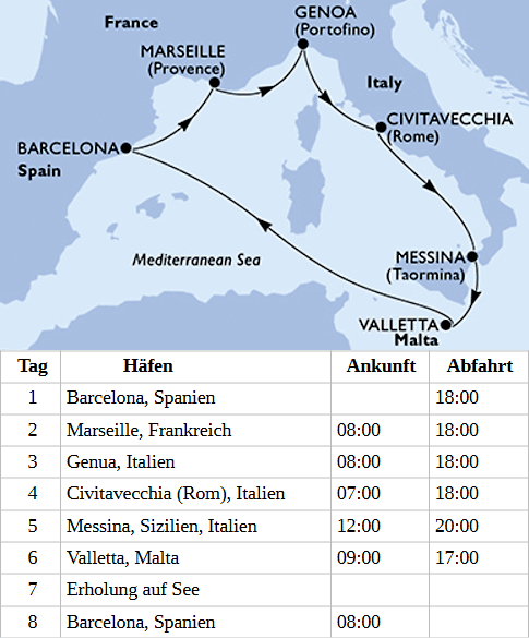 Mittelmeer ab Barcelona, MSC World Europa von November 2027 bis April 2028