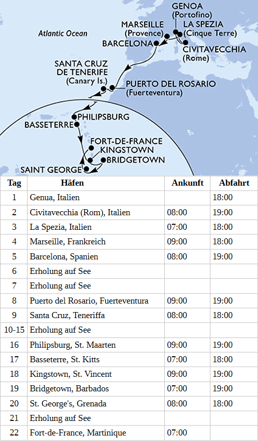 Mittelmeer ab Genua, MSC World Europa vom 14.11.2026 bis 05.12.2026