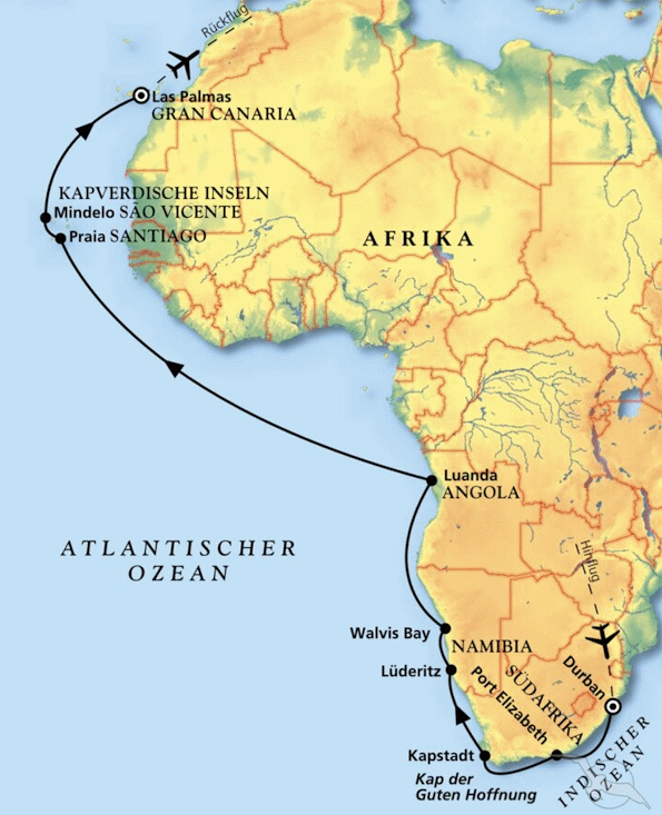 Vom Kap der Guten Hoffnung zu den Kanaren, MS Amadea 13.05.2028 bis 06.06.2028